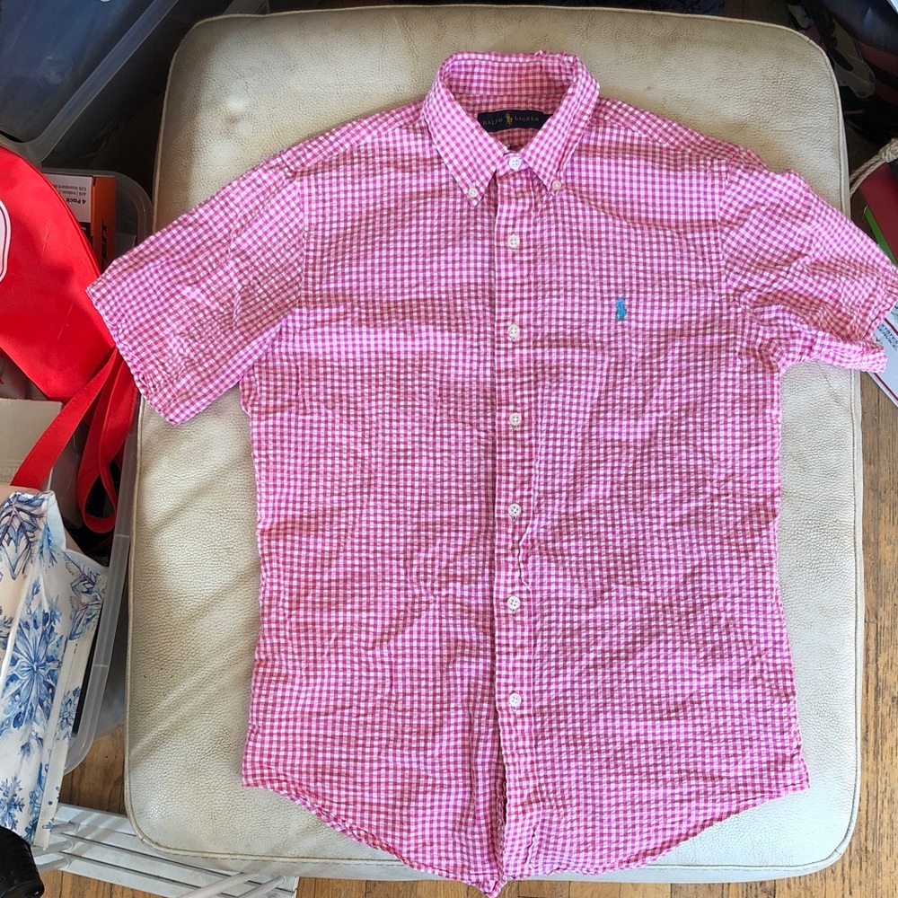 Ralph Lauren small men’s’ pink gingham seersucker shirt sleeve shirt